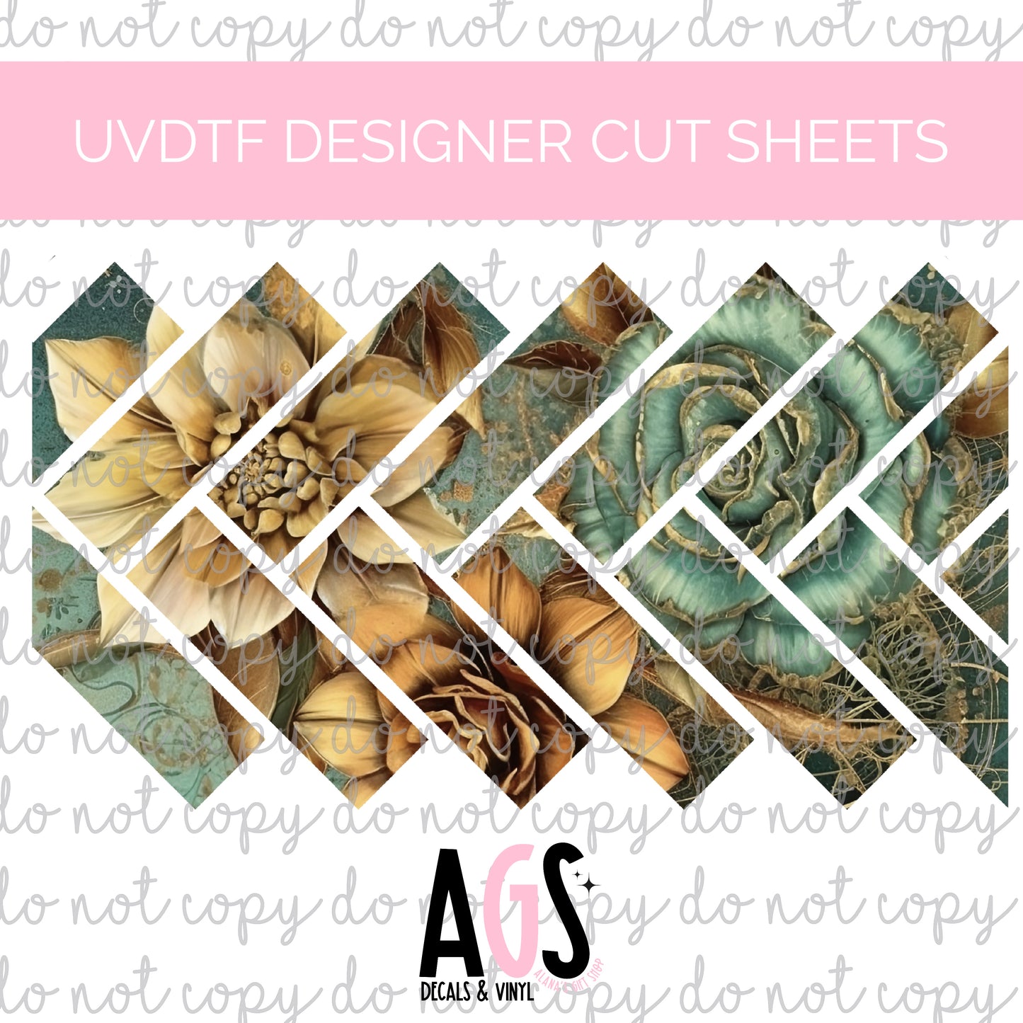 UV DTF DESIGNER CUT SHEETS 07 Herringbone W/ Gold Flowers