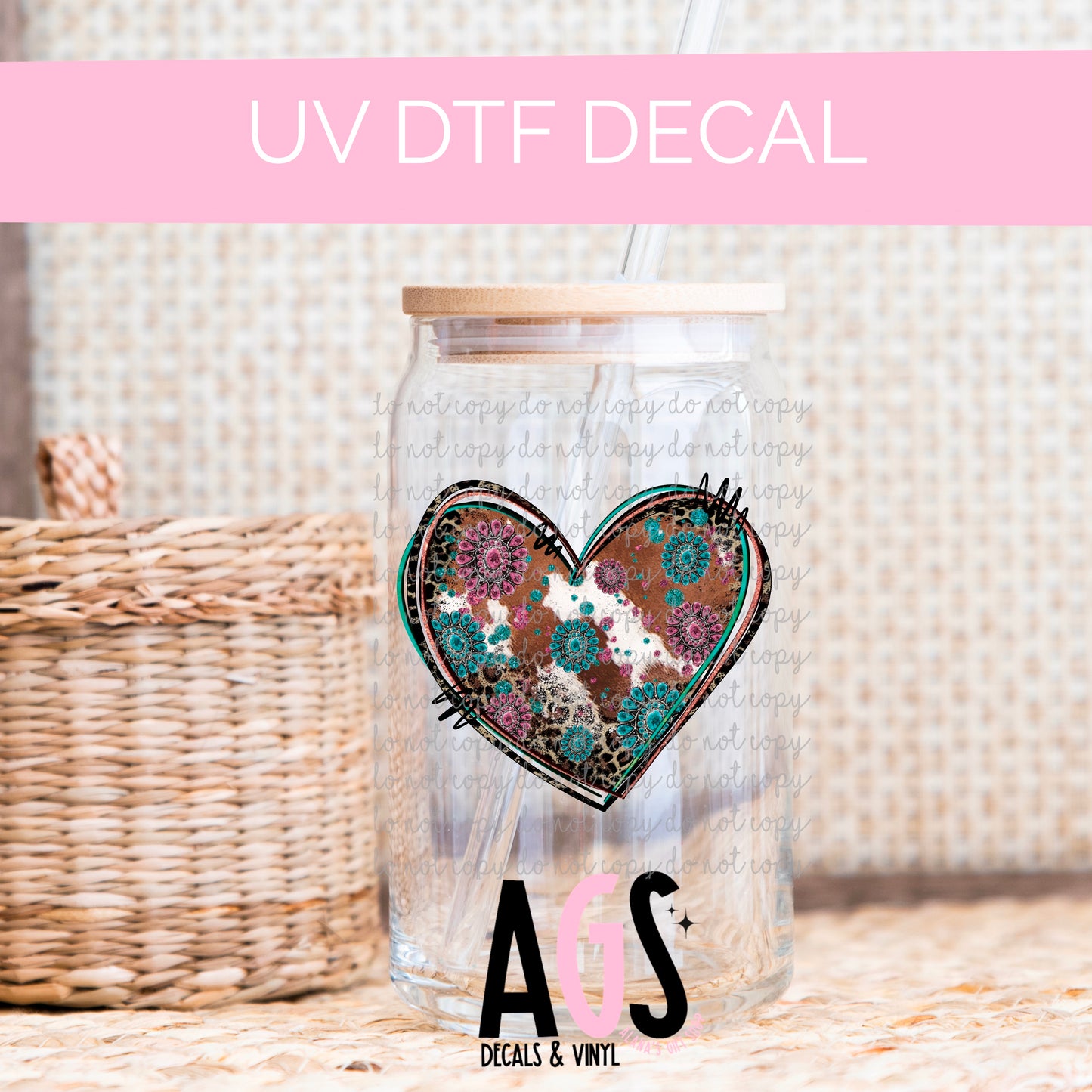 DECAL 074 Heart Cowhide Turquoise