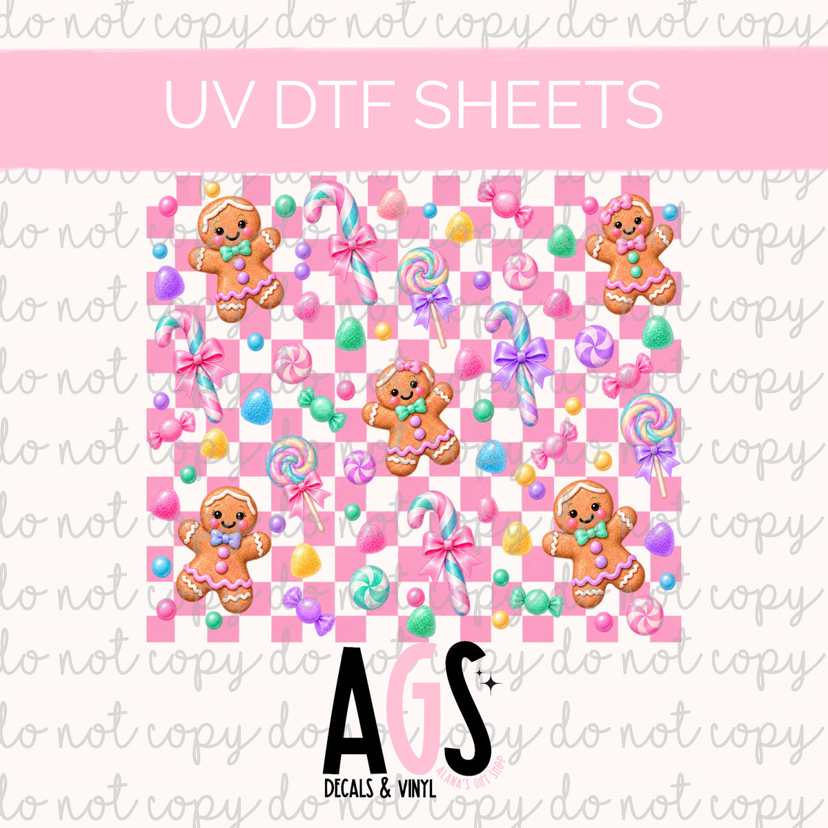 UV DTF SHEET 112 Pastel Gingerbread Checkerboard Pink - Tumbler Wraps