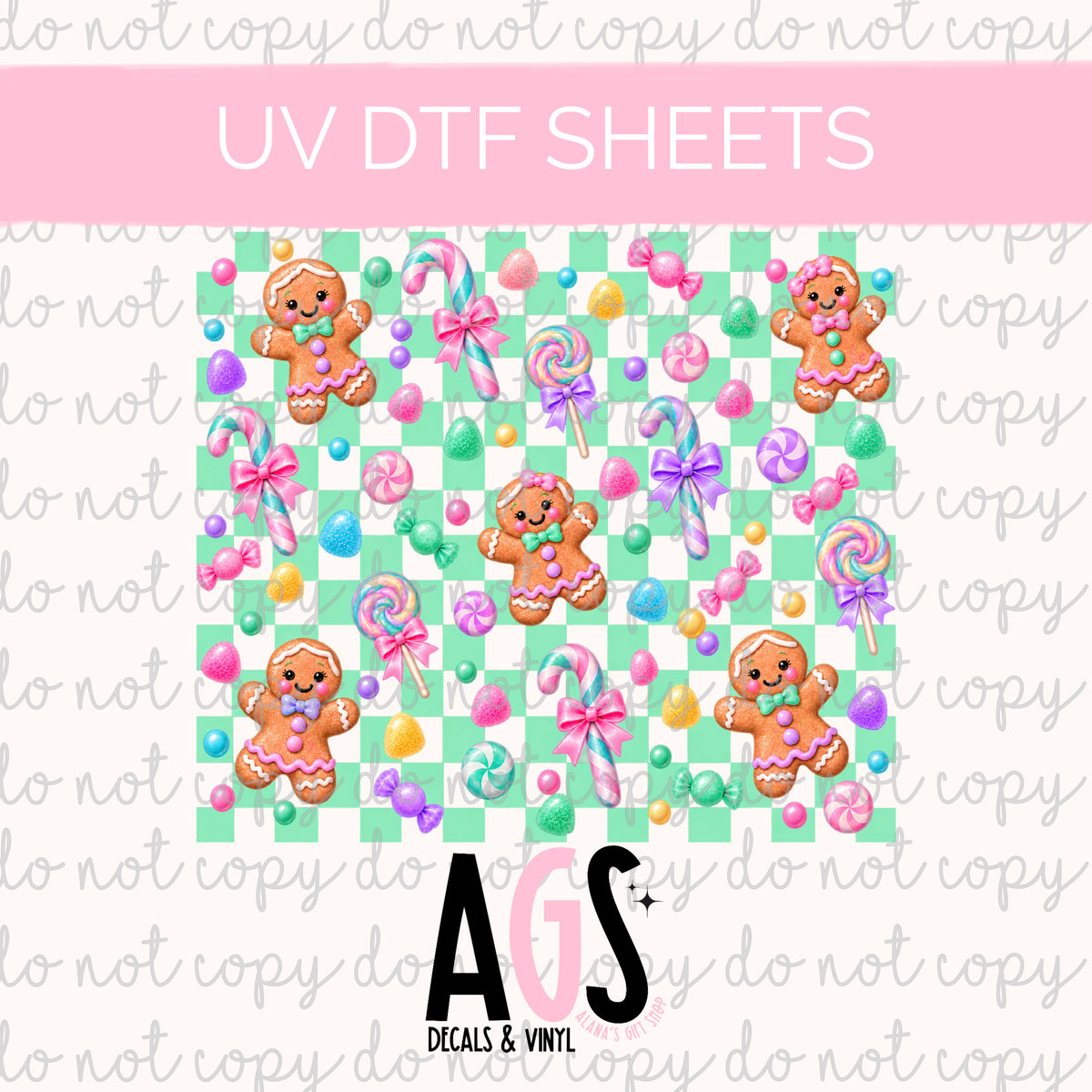 UV DTF SHEET 109 Pastel Gingerbread Checkerboard Mint - Tumbler Wraps