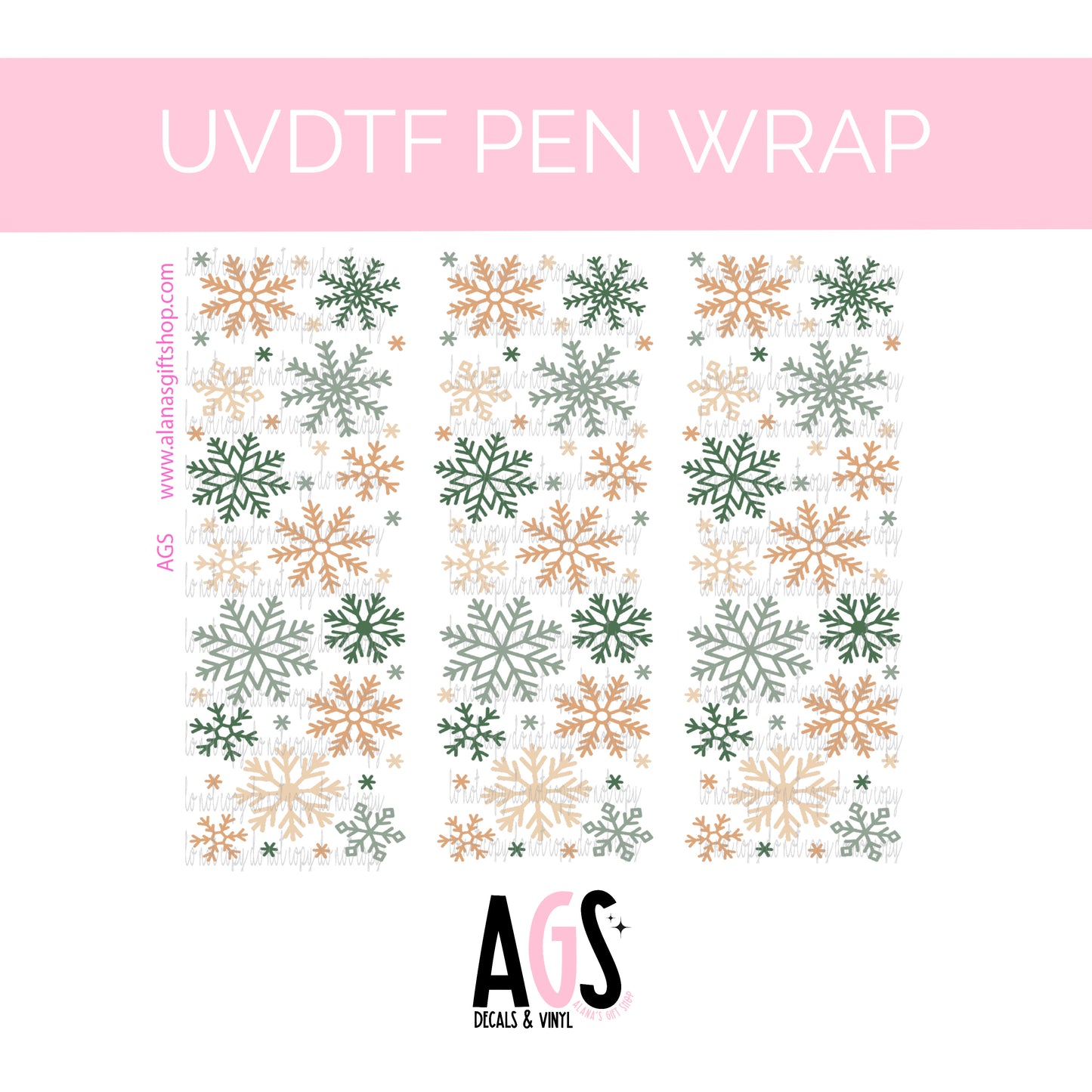 PEN WRAP 065 - Green & Tan Snowflakes