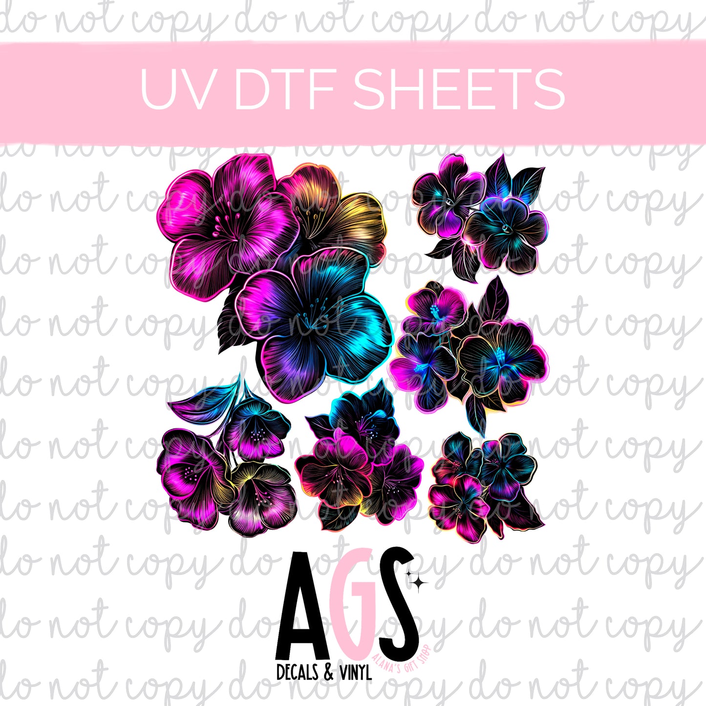 UV DTF SHEET 068 Neon Black Flowers - May UV Sub Box