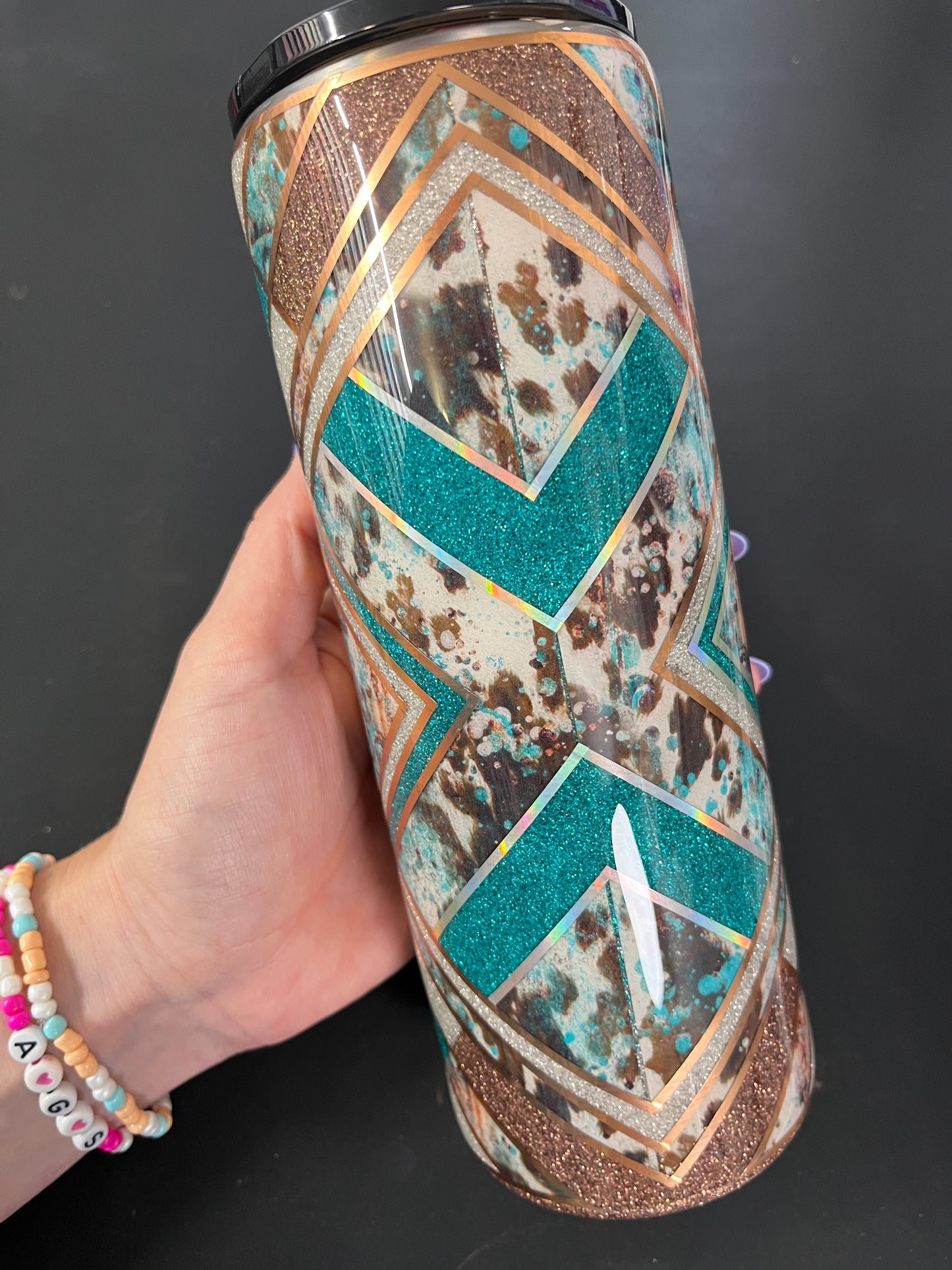 20oz straight- Turquoise cowhide template w/copper and browns -DO NOT ORDER WITH VINYL-