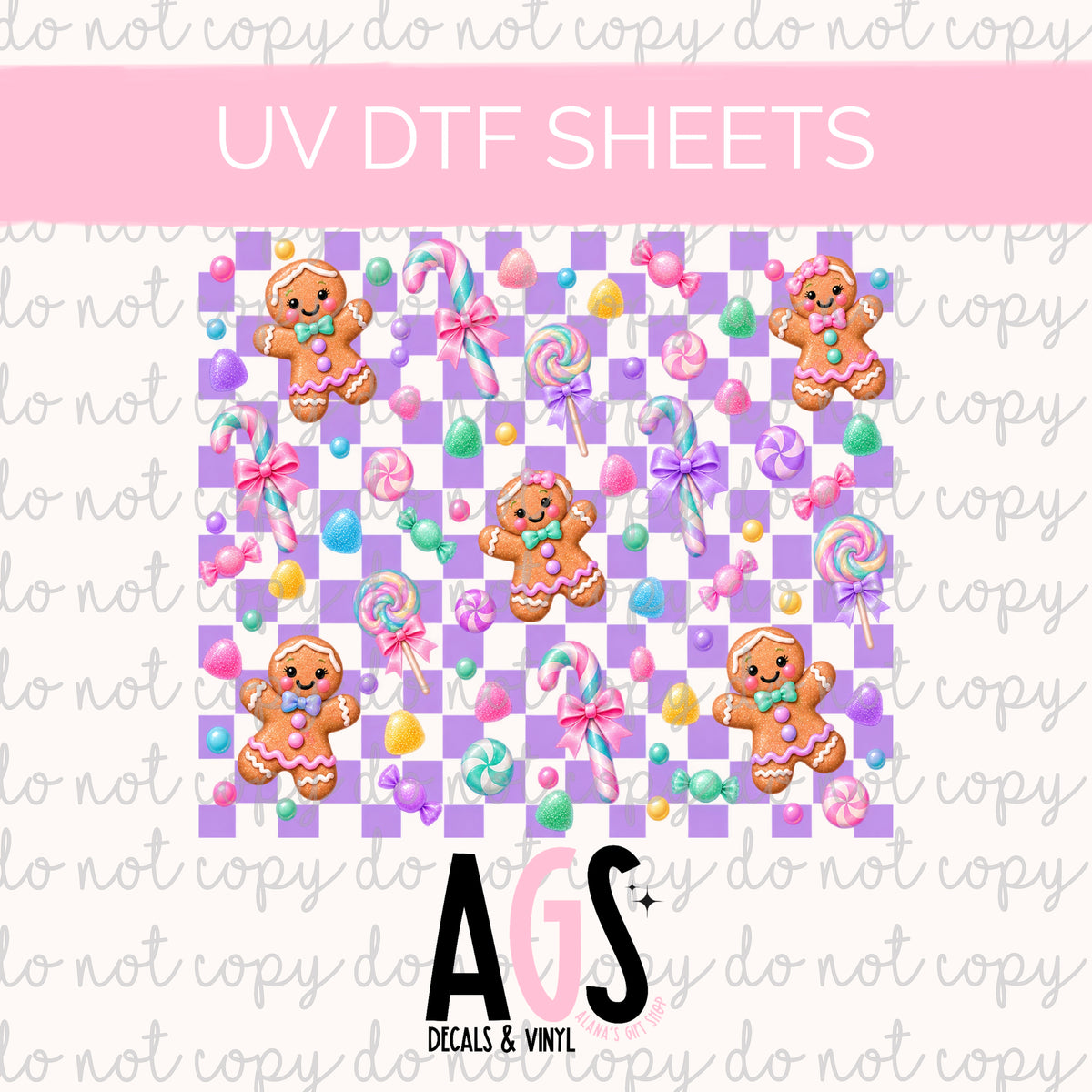 UV DTF SHEET 110 Pastel Gingerbread Checkerboard Purple - Tumbler Wraps