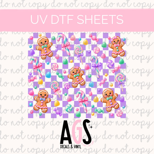 UV DTF SHEET 110 Pastel Gingerbread Checkerboard Purple - Tumbler Wraps