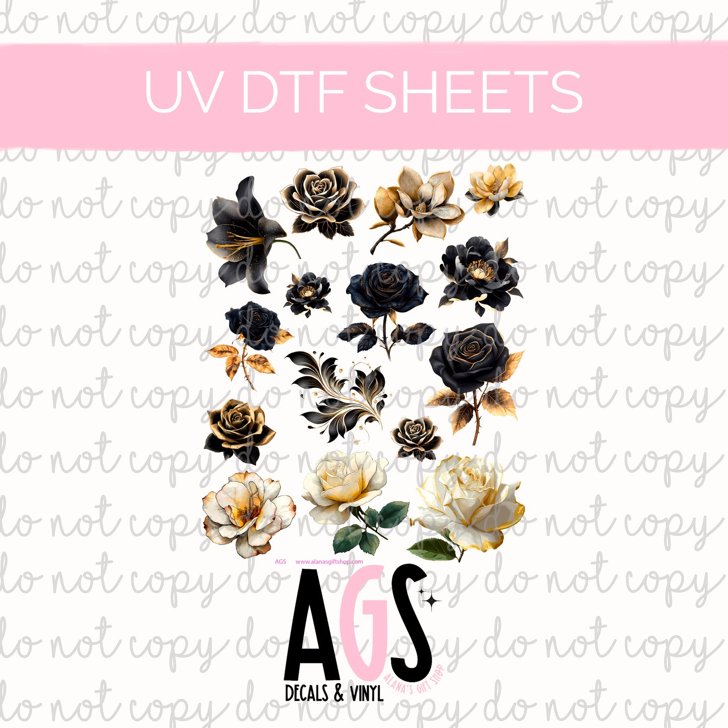UV DTF SHEET 054 Gold & Black Florals