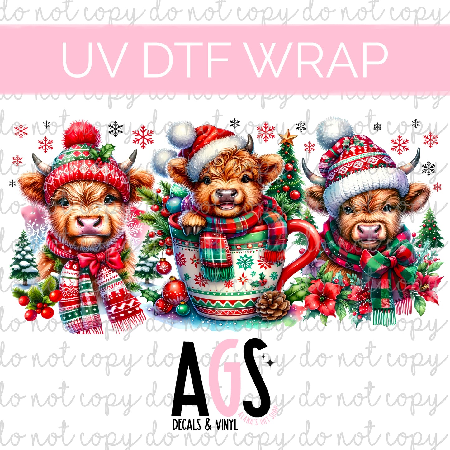 UV DTF WRAP 099 Christmas Highland Cow