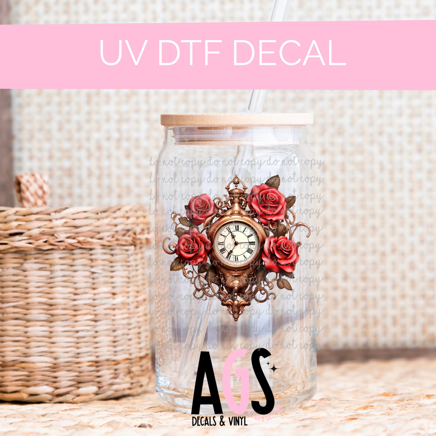 UV DTF DECAL- 017 Clock & Roses