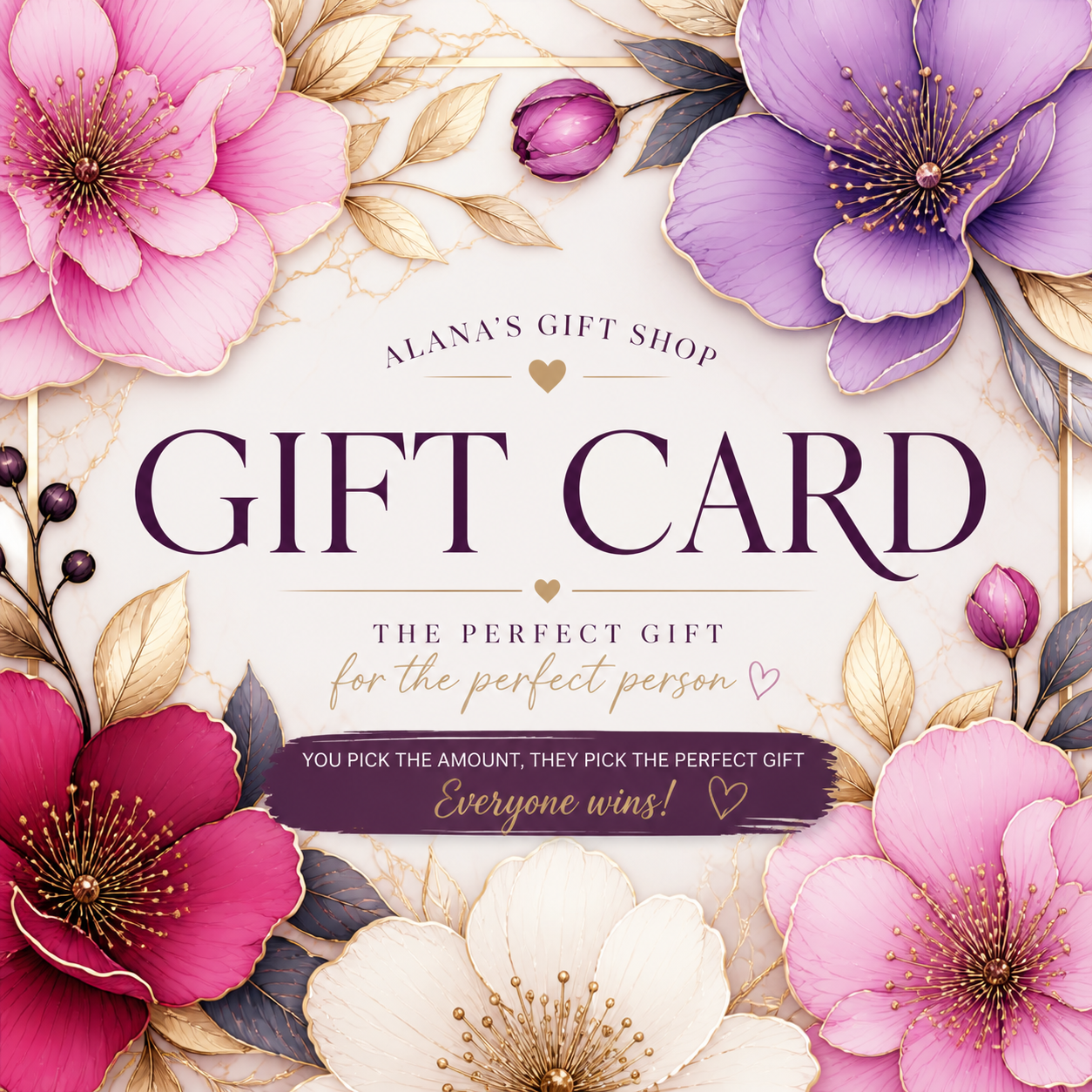 Gift card from Alana's Gift Shop with floral design