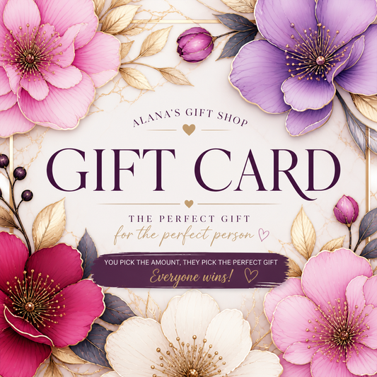 Gift card from Alana's Gift Shop with floral design