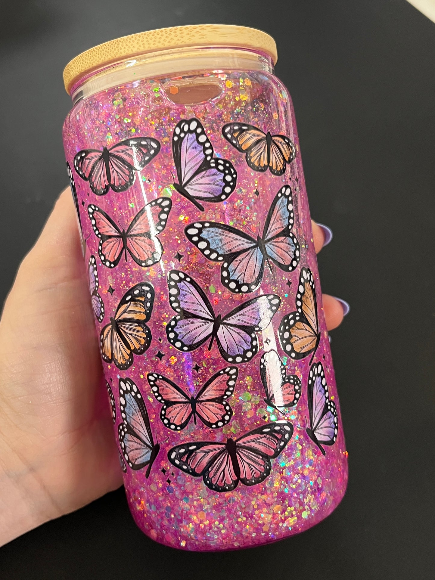 Glass Can- pink glitter w/ butterflies -DO NOT ORDER WITH VINYL-