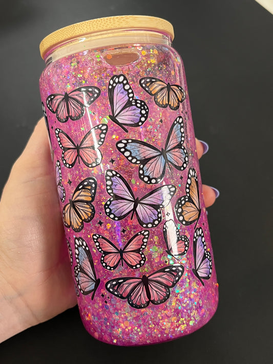 Glass Can- pink glitter w/ butterflies -DO NOT ORDER WITH VINYL-