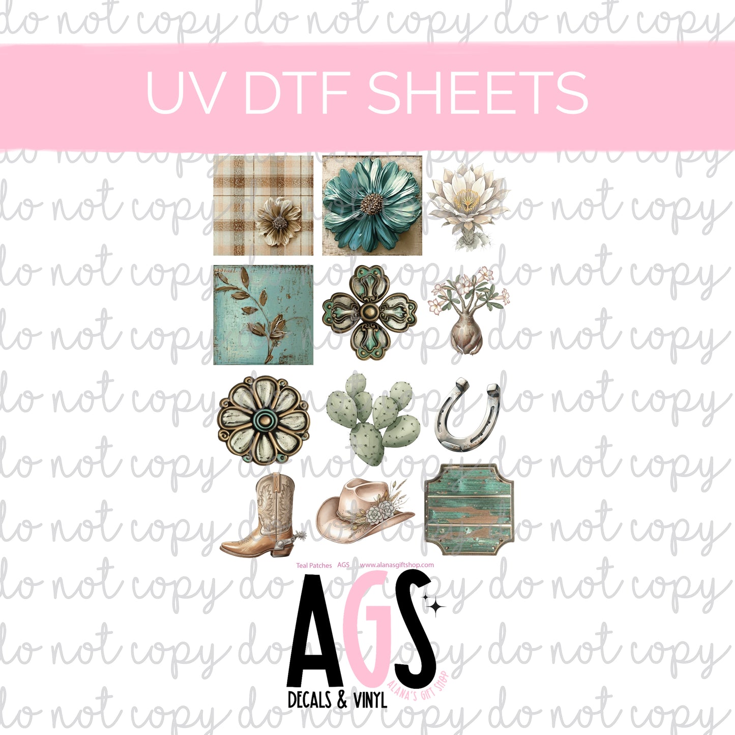 UV DTF SHEET 016 Teal Patches Feb Box