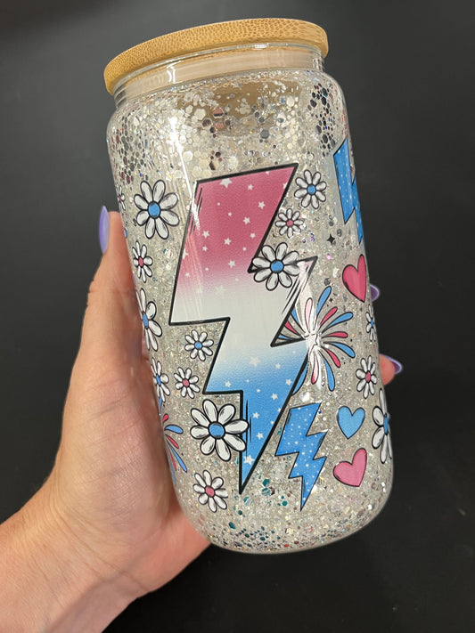 Glass Can- ailvwr glitter with red white & blue bolt -DO NOT ORDER WITH VINYL-