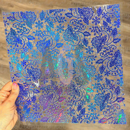 METALLIC UV DTF SHEET 052 Flower Lace - Dark Blue Rainbow